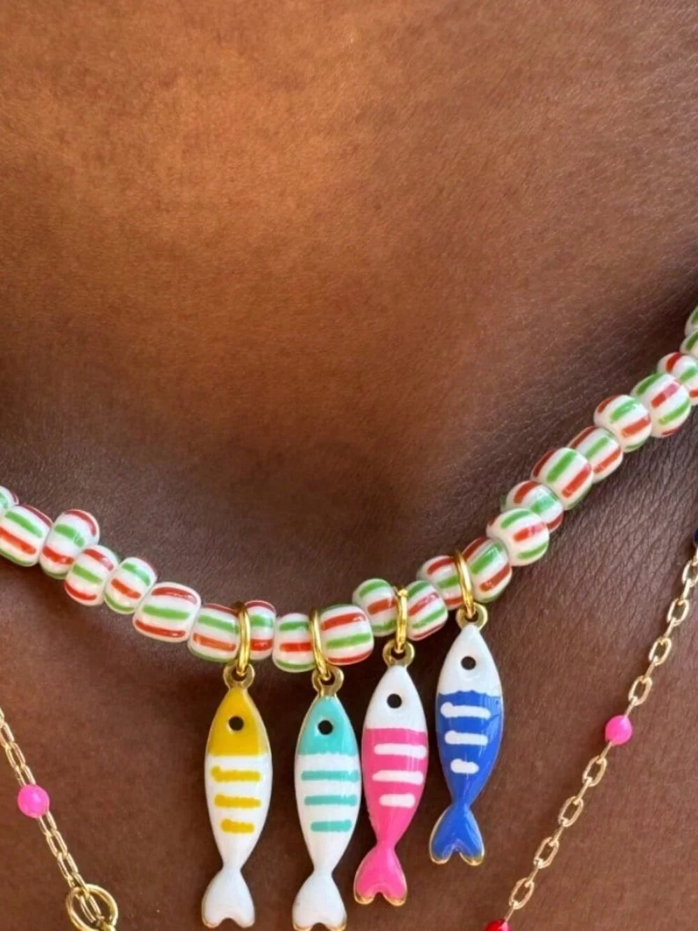 Boho Women's Colorful Fish Pendant Beaded  Chain Necklace